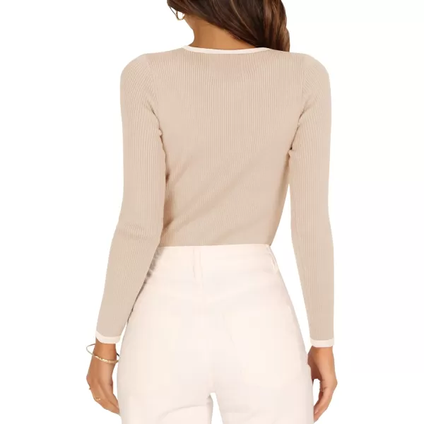 imageZESICA Womens Long Sleeve Crewneck Shirts 2023 Fall Clothes Ribbed Knit Sweater Slim Fitted Casual Basic Tee TopsApricot
