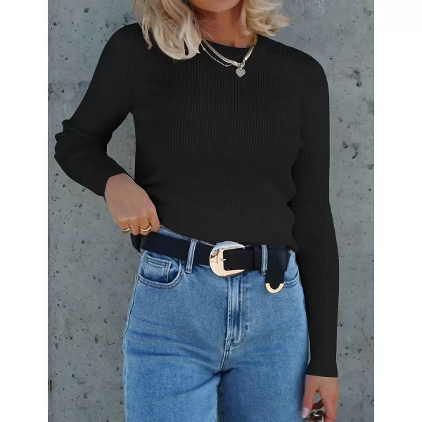 imageZESICA Womens Long Sleeve Crewneck Shirts 2023 Fall Clothes Ribbed Knit Sweater Slim Fitted Casual Basic Tee TopsBlack