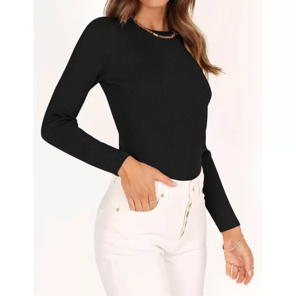 imageZESICA Womens Long Sleeve Crewneck Shirts 2023 Fall Clothes Ribbed Knit Sweater Slim Fitted Casual Basic Tee TopsBlack