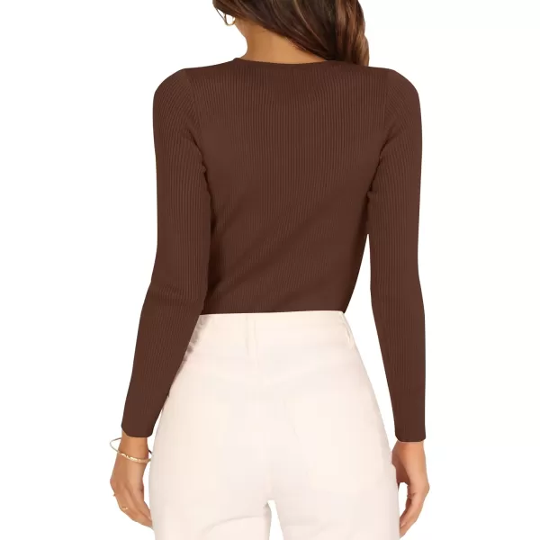 imageZESICA Womens Long Sleeve Crewneck Shirts 2023 Fall Clothes Ribbed Knit Sweater Slim Fitted Casual Basic Tee TopsCoffee