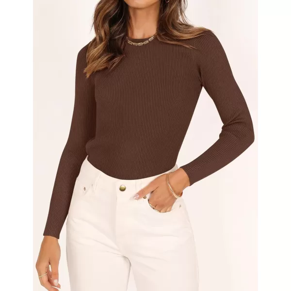 imageZESICA Womens Long Sleeve Crewneck Shirts 2023 Fall Clothes Ribbed Knit Sweater Slim Fitted Casual Basic Tee TopsCoffee