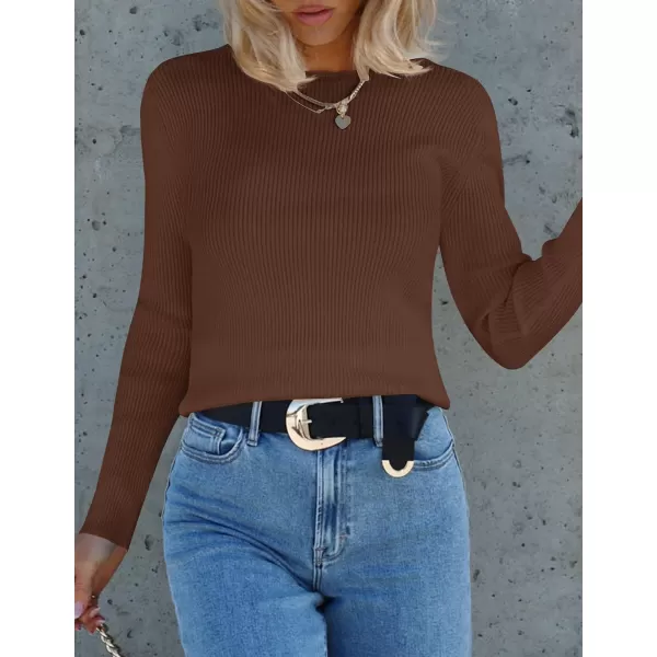 imageZESICA Womens Long Sleeve Crewneck Shirts 2023 Fall Clothes Ribbed Knit Sweater Slim Fitted Casual Basic Tee TopsCoffee
