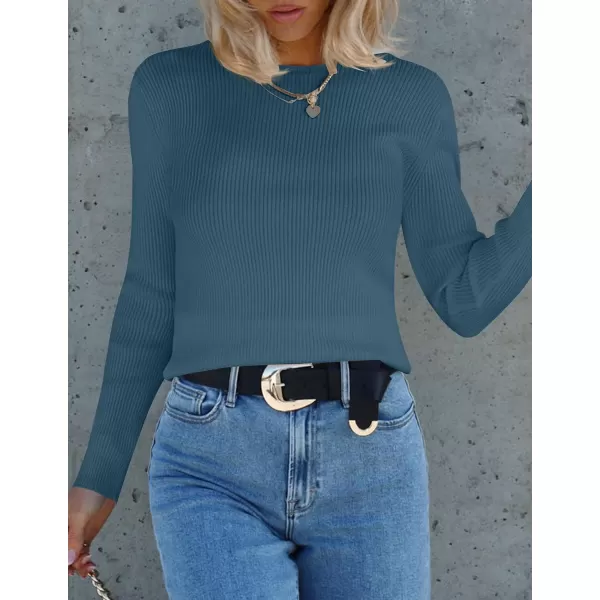 imageZESICA Womens Long Sleeve Crewneck Shirts 2023 Fall Clothes Ribbed Knit Sweater Slim Fitted Casual Basic Tee TopsDarkblue