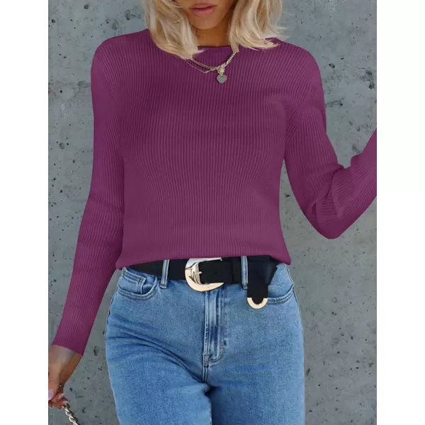 imageZESICA Womens Long Sleeve Crewneck Shirts 2023 Fall Clothes Ribbed Knit Sweater Slim Fitted Casual Basic Tee TopsFuchsia