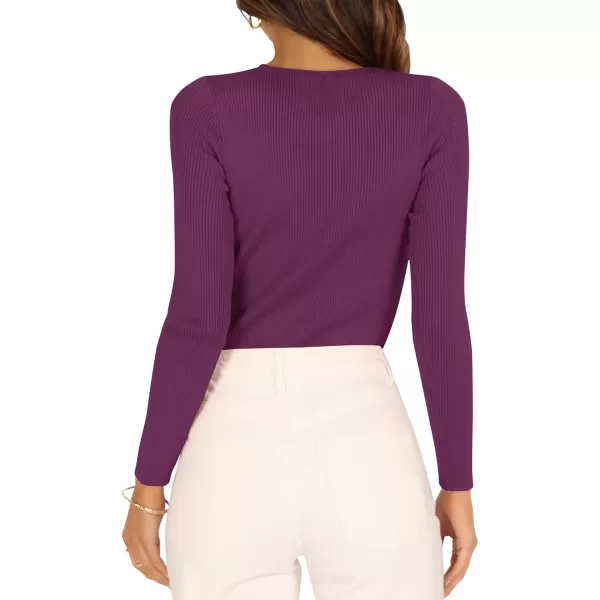 imageZESICA Womens Long Sleeve Crewneck Shirts 2023 Fall Clothes Ribbed Knit Sweater Slim Fitted Casual Basic Tee TopsFuchsia