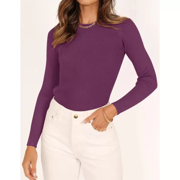 imageZESICA Womens Long Sleeve Crewneck Shirts 2023 Fall Clothes Ribbed Knit Sweater Slim Fitted Casual Basic Tee TopsFuchsia
