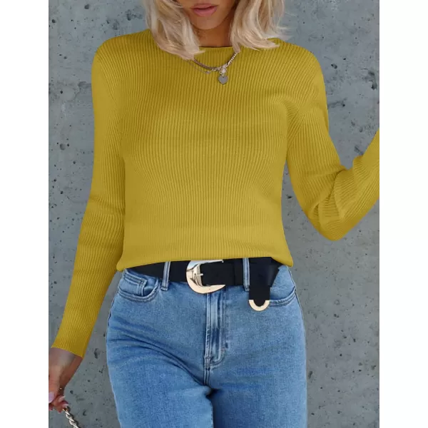 imageZESICA Womens Long Sleeve Crewneck Shirts 2023 Fall Clothes Ribbed Knit Sweater Slim Fitted Casual Basic Tee TopsGinger