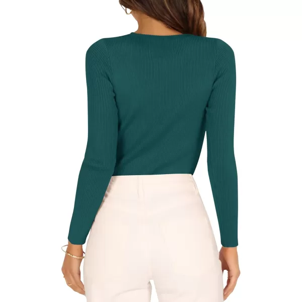 imageZESICA Womens Long Sleeve Crewneck Shirts 2023 Fall Clothes Ribbed Knit Sweater Slim Fitted Casual Basic Tee TopsGreen