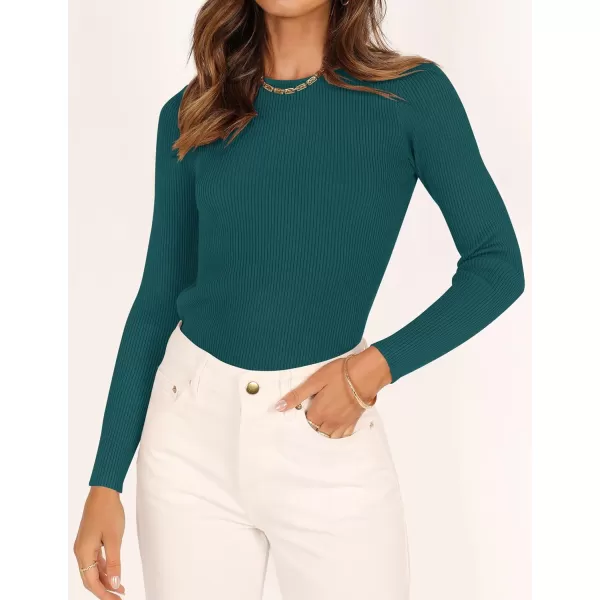 imageZESICA Womens Long Sleeve Crewneck Shirts 2023 Fall Clothes Ribbed Knit Sweater Slim Fitted Casual Basic Tee TopsGreen