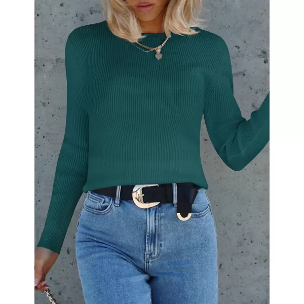 imageZESICA Womens Long Sleeve Crewneck Shirts 2023 Fall Clothes Ribbed Knit Sweater Slim Fitted Casual Basic Tee TopsGreen