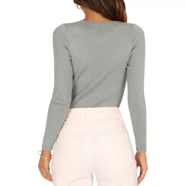 imageZESICA Womens Long Sleeve Crewneck Shirts 2023 Fall Clothes Ribbed Knit Sweater Slim Fitted Casual Basic Tee TopsGrey