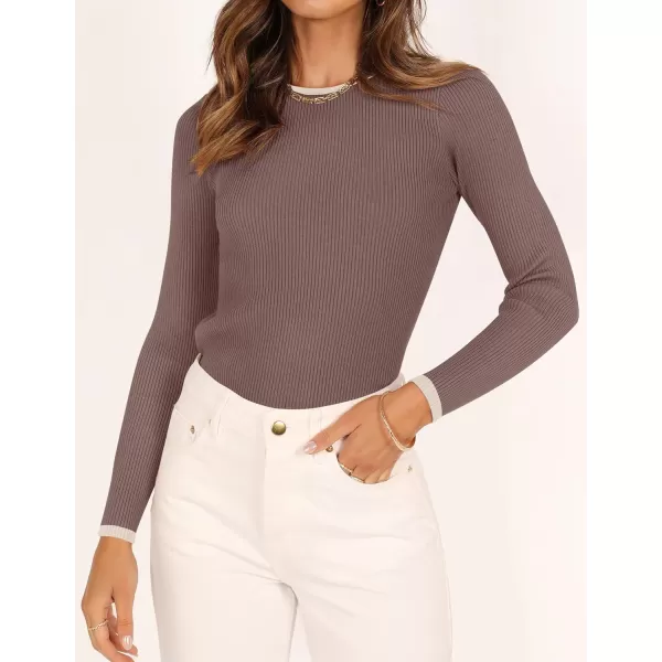 imageZESICA Womens Long Sleeve Crewneck Shirts 2023 Fall Clothes Ribbed Knit Sweater Slim Fitted Casual Basic Tee TopsMocha