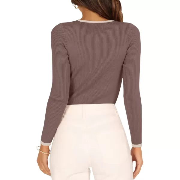 imageZESICA Womens Long Sleeve Crewneck Shirts 2023 Fall Clothes Ribbed Knit Sweater Slim Fitted Casual Basic Tee TopsMocha