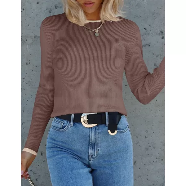 imageZESICA Womens Long Sleeve Crewneck Shirts 2023 Fall Clothes Ribbed Knit Sweater Slim Fitted Casual Basic Tee TopsMocha