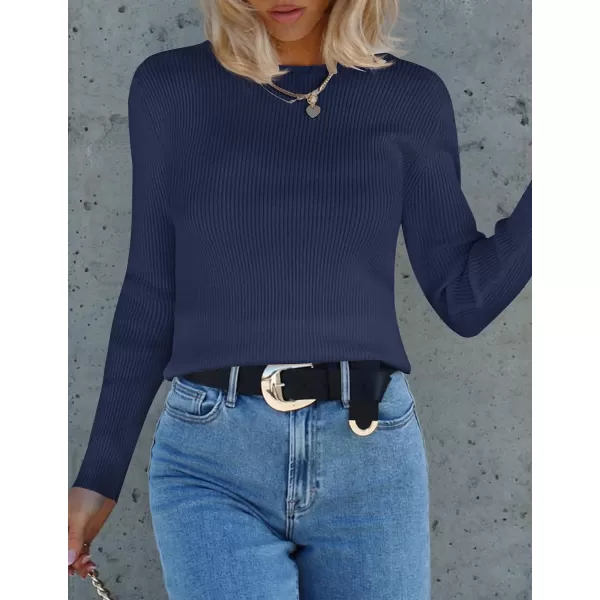 imageZESICA Womens Long Sleeve Crewneck Shirts 2023 Fall Clothes Ribbed Knit Sweater Slim Fitted Casual Basic Tee TopsNavy