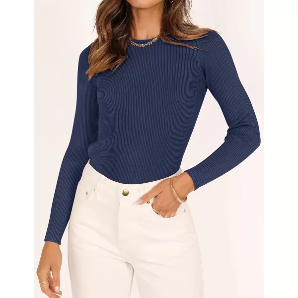 imageZESICA Womens Long Sleeve Crewneck Shirts 2023 Fall Clothes Ribbed Knit Sweater Slim Fitted Casual Basic Tee TopsNavy
