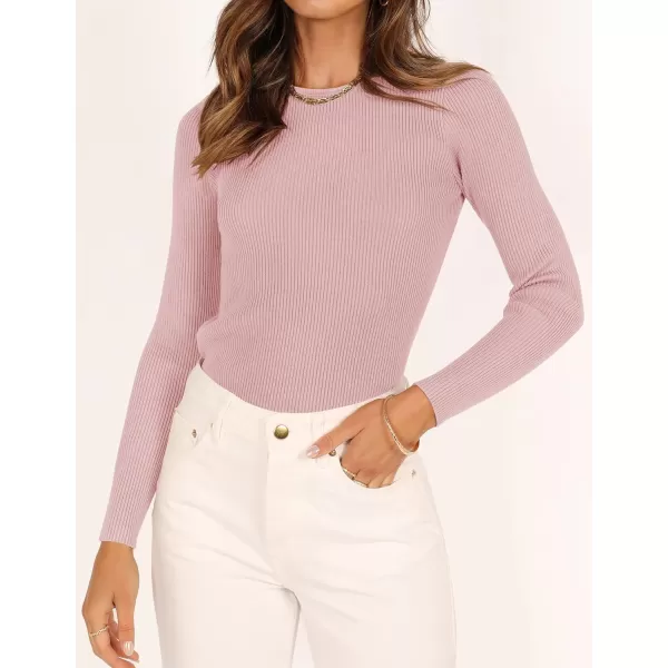 imageZESICA Womens Long Sleeve Crewneck Shirts 2023 Fall Clothes Ribbed Knit Sweater Slim Fitted Casual Basic Tee TopsPink