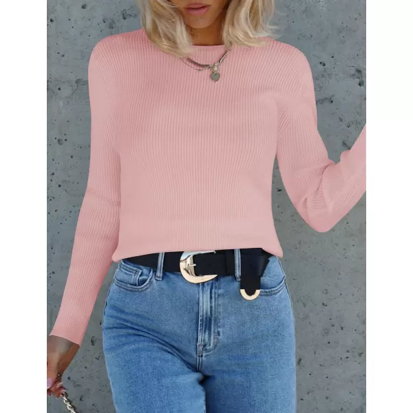 imageZESICA Womens Long Sleeve Crewneck Shirts 2023 Fall Clothes Ribbed Knit Sweater Slim Fitted Casual Basic Tee TopsPink