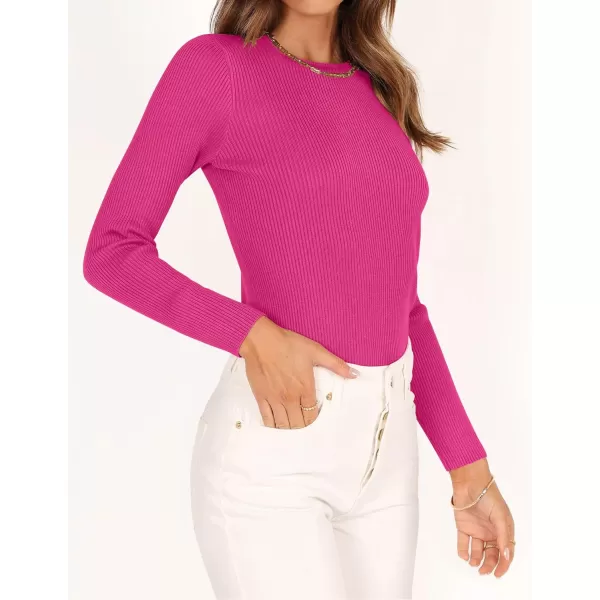imageZESICA Womens Long Sleeve Crewneck Shirts 2023 Fall Clothes Ribbed Knit Sweater Slim Fitted Casual Basic Tee TopsRose