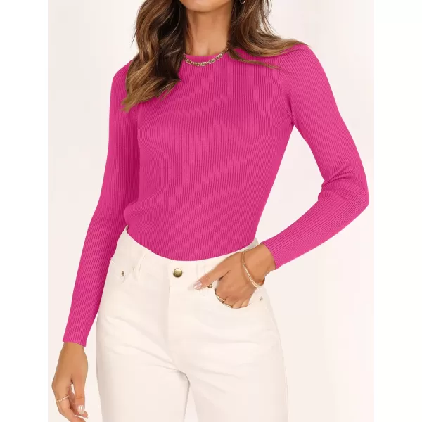 imageZESICA Womens Long Sleeve Crewneck Shirts 2023 Fall Clothes Ribbed Knit Sweater Slim Fitted Casual Basic Tee TopsRose
