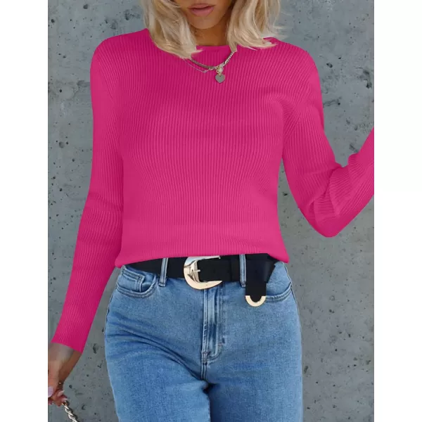 imageZESICA Womens Long Sleeve Crewneck Shirts 2023 Fall Clothes Ribbed Knit Sweater Slim Fitted Casual Basic Tee TopsRose