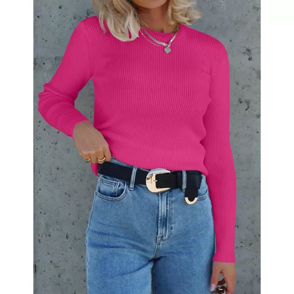 imageZESICA Womens Long Sleeve Crewneck Shirts 2023 Fall Clothes Ribbed Knit Sweater Slim Fitted Casual Basic Tee TopsRose