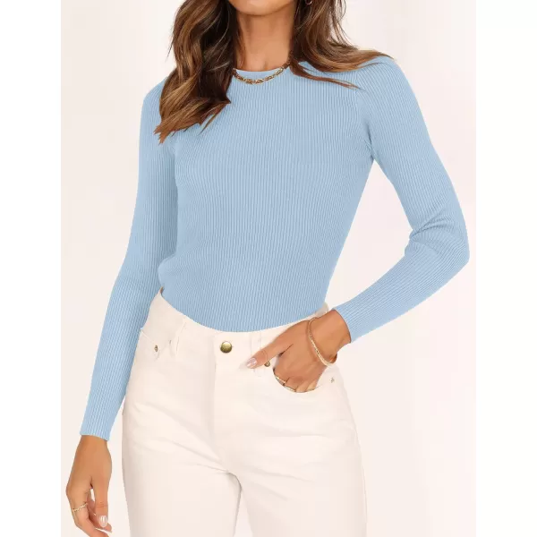 imageZESICA Womens Long Sleeve Crewneck Shirts 2023 Fall Clothes Ribbed Knit Sweater Slim Fitted Casual Basic Tee TopsSky