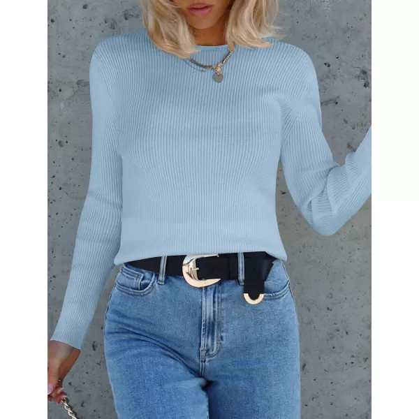 imageZESICA Womens Long Sleeve Crewneck Shirts 2023 Fall Clothes Ribbed Knit Sweater Slim Fitted Casual Basic Tee TopsSky