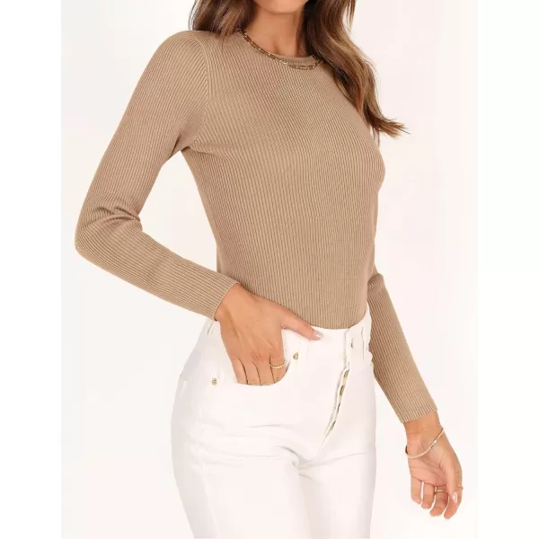 imageZESICA Womens Long Sleeve Crewneck Shirts 2023 Fall Clothes Ribbed Knit Sweater Slim Fitted Casual Basic Tee TopsToffee