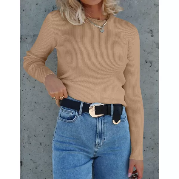 imageZESICA Womens Long Sleeve Crewneck Shirts 2023 Fall Clothes Ribbed Knit Sweater Slim Fitted Casual Basic Tee TopsToffee