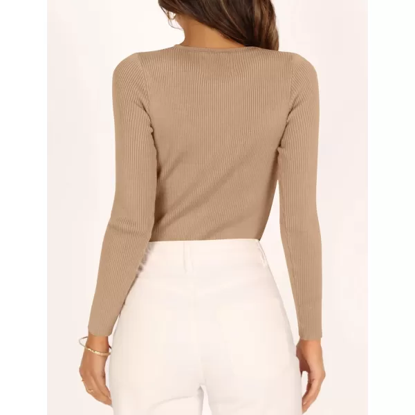 imageZESICA Womens Long Sleeve Crewneck Shirts 2023 Fall Clothes Ribbed Knit Sweater Slim Fitted Casual Basic Tee TopsToffee