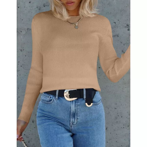 imageZESICA Womens Long Sleeve Crewneck Shirts 2023 Fall Clothes Ribbed Knit Sweater Slim Fitted Casual Basic Tee TopsToffee