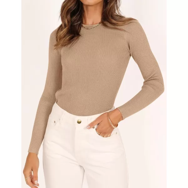 imageZESICA Womens Long Sleeve Crewneck Shirts 2023 Fall Clothes Ribbed Knit Sweater Slim Fitted Casual Basic Tee TopsToffee