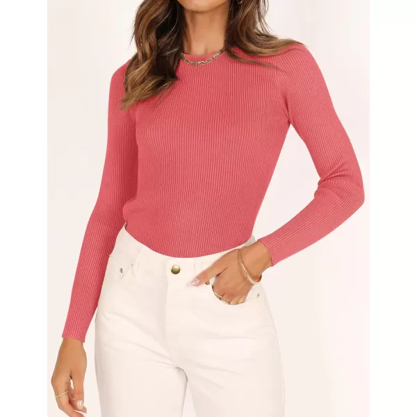 imageZESICA Womens Long Sleeve Crewneck Shirts 2023 Fall Clothes Ribbed Knit Sweater Slim Fitted Casual Basic Tee TopsWatermelon