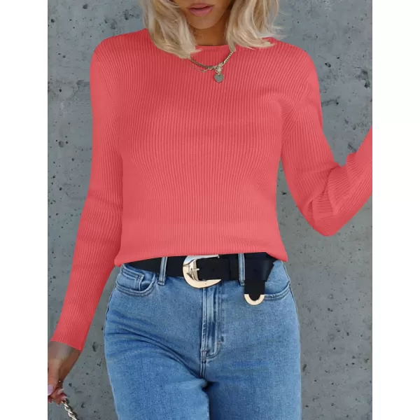 imageZESICA Womens Long Sleeve Crewneck Shirts 2023 Fall Clothes Ribbed Knit Sweater Slim Fitted Casual Basic Tee TopsWatermelon