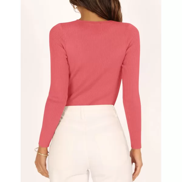 imageZESICA Womens Long Sleeve Crewneck Shirts 2023 Fall Clothes Ribbed Knit Sweater Slim Fitted Casual Basic Tee TopsWatermelon