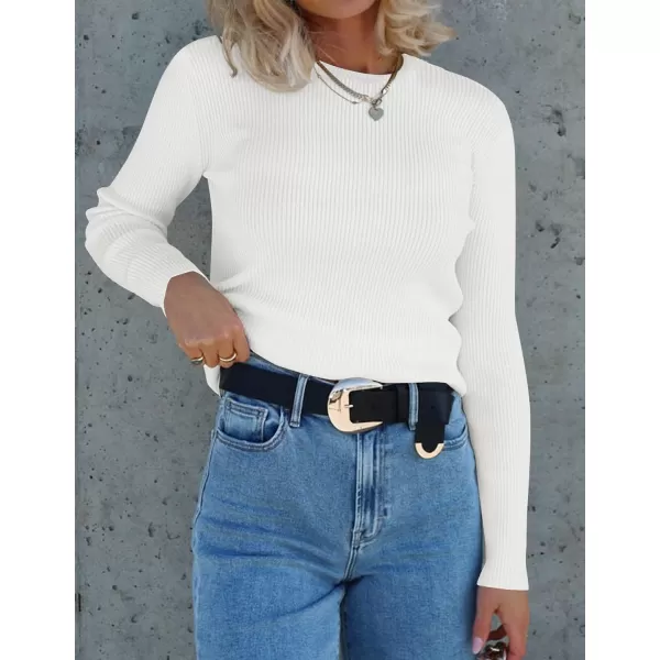 imageZESICA Womens Long Sleeve Crewneck Shirts 2023 Fall Clothes Ribbed Knit Sweater Slim Fitted Casual Basic Tee TopsWhite