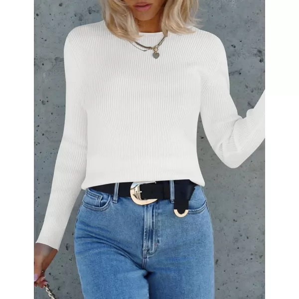 imageZESICA Womens Long Sleeve Crewneck Shirts 2023 Fall Clothes Ribbed Knit Sweater Slim Fitted Casual Basic Tee TopsWhite