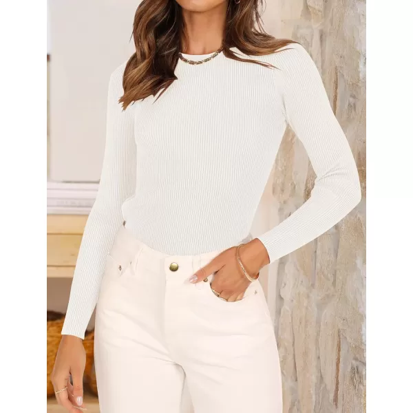 imageZESICA Womens Long Sleeve Crewneck Shirts 2023 Fall Clothes Ribbed Knit Sweater Slim Fitted Casual Basic Tee TopsWhite