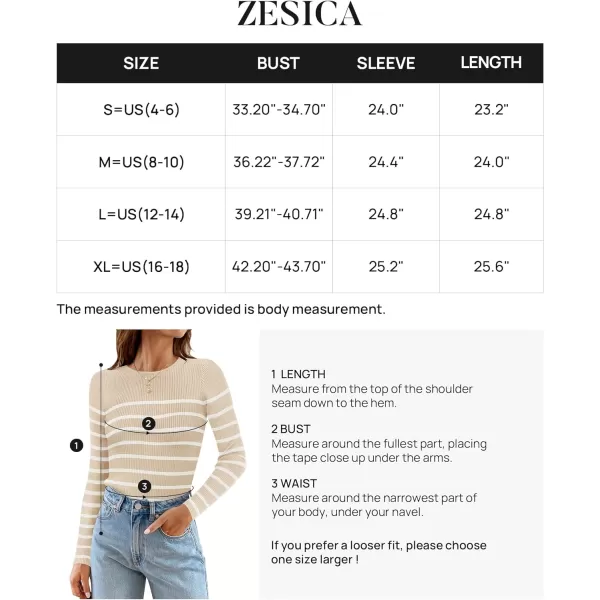 imageZESICA Womens Long Sleeve Crewneck Striped Shirts 2024 Spring Fall Ribbed Knit Sweater Slim Fitted Casual Basic Tee TopsApricot