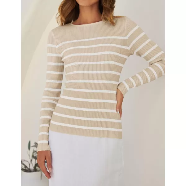 imageZESICA Womens Long Sleeve Crewneck Striped Shirts 2024 Spring Fall Ribbed Knit Sweater Slim Fitted Casual Basic Tee TopsApricot