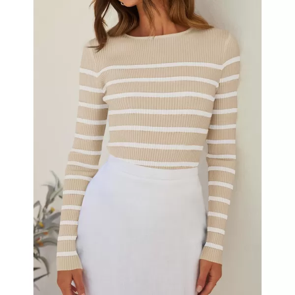 imageZESICA Womens Long Sleeve Crewneck Striped Shirts 2024 Spring Fall Ribbed Knit Sweater Slim Fitted Casual Basic Tee TopsApricot
