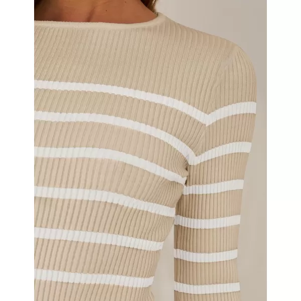 imageZESICA Womens Long Sleeve Crewneck Striped Shirts 2024 Spring Fall Ribbed Knit Sweater Slim Fitted Casual Basic Tee TopsApricot