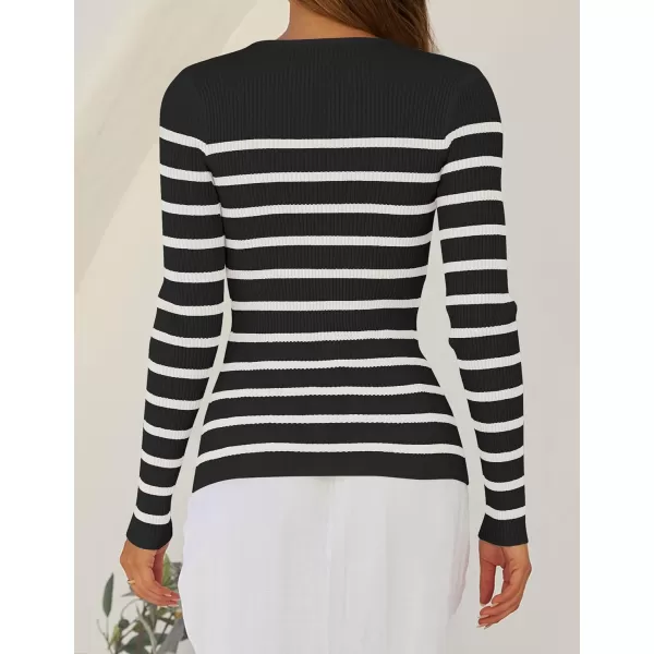 imageZESICA Womens Long Sleeve Crewneck Striped Shirts 2024 Spring Fall Ribbed Knit Sweater Slim Fitted Casual Basic Tee TopsBlack