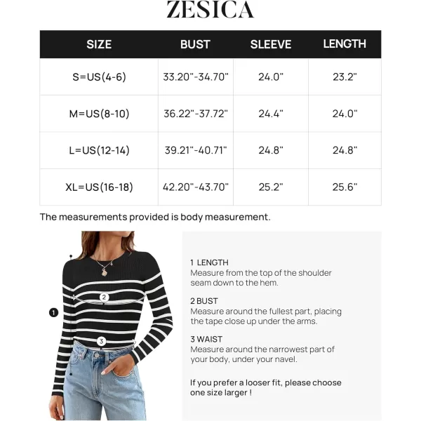 imageZESICA Womens Long Sleeve Crewneck Striped Shirts 2024 Spring Fall Ribbed Knit Sweater Slim Fitted Casual Basic Tee TopsBlack