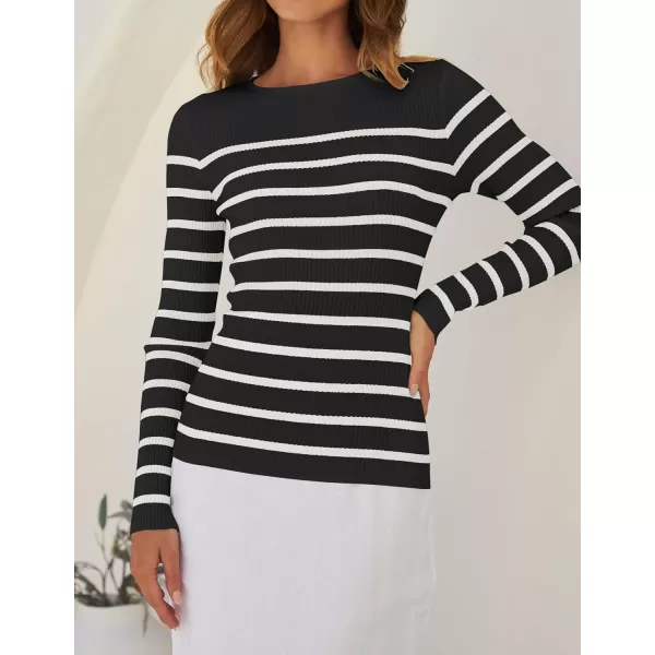 imageZESICA Womens Long Sleeve Crewneck Striped Shirts 2024 Spring Fall Ribbed Knit Sweater Slim Fitted Casual Basic Tee TopsBlack