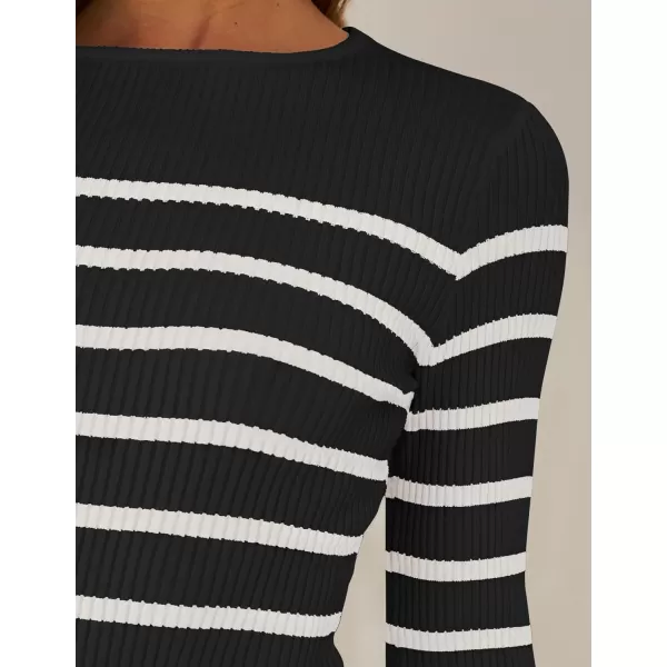 imageZESICA Womens Long Sleeve Crewneck Striped Shirts 2024 Spring Fall Ribbed Knit Sweater Slim Fitted Casual Basic Tee TopsBlack
