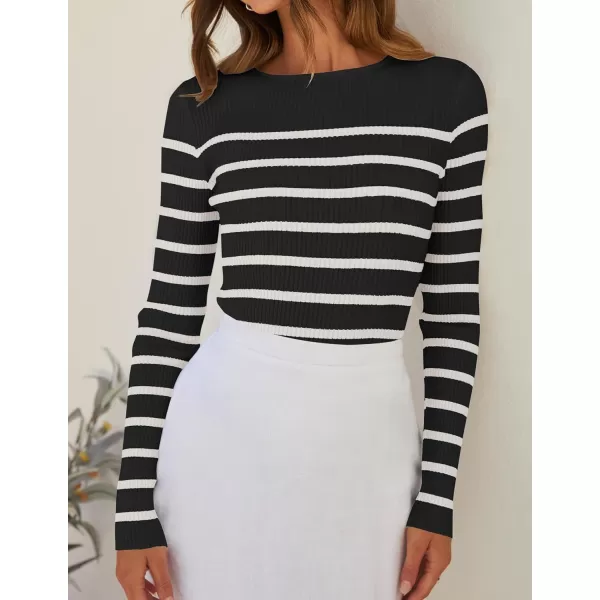 imageZESICA Womens Long Sleeve Crewneck Striped Shirts 2024 Spring Fall Ribbed Knit Sweater Slim Fitted Casual Basic Tee TopsBlack