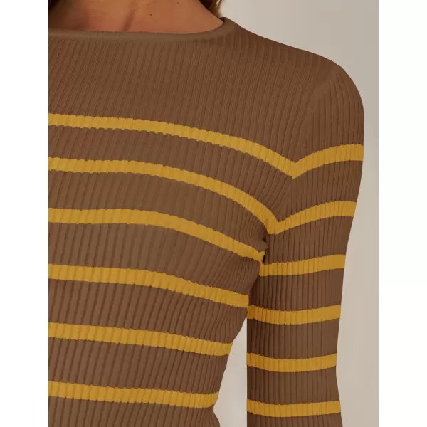 imageZESICA Womens Long Sleeve Crewneck Striped Shirts 2024 Spring Fall Ribbed Knit Sweater Slim Fitted Casual Basic Tee TopsBrown