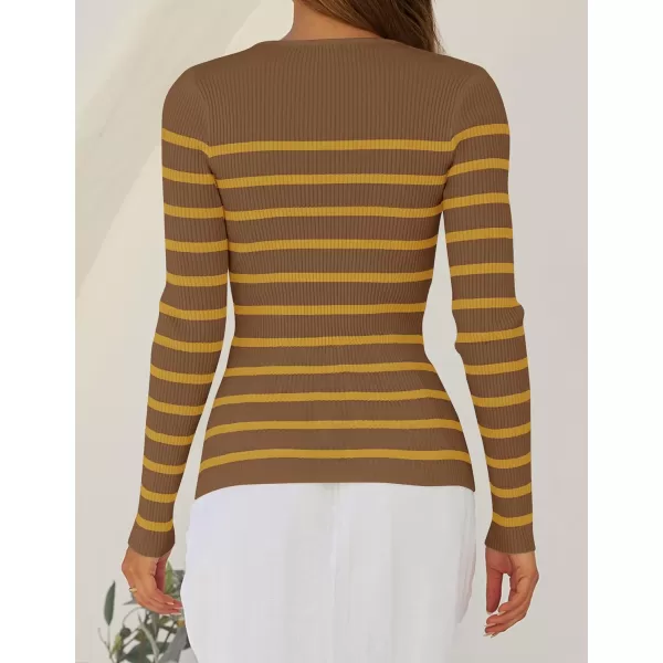 imageZESICA Womens Long Sleeve Crewneck Striped Shirts 2024 Spring Fall Ribbed Knit Sweater Slim Fitted Casual Basic Tee TopsBrown